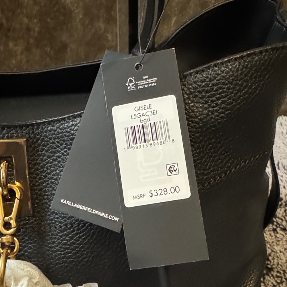 Karl Lagerfeld Black Leather Tote with Gold-Tone Accent With Added Charm & Dusty - Picture 2 of 16